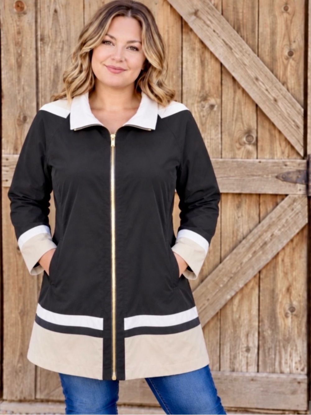 Jones New York Women’s Plus 2X Black Beige White Colorblock Hooded Zip Rain Coat